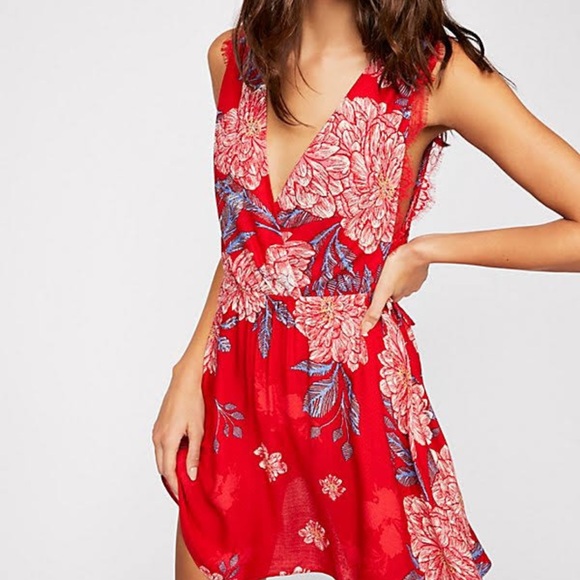 NWT Free People Floral Print Mini Red Dress - Picture 3 of 7